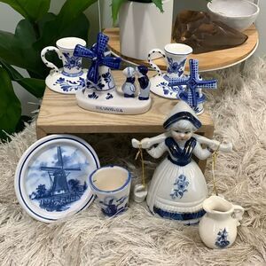 Bundle Of Small Dutch Themed Blue &  White Ceramic Decor Pieces Windmill